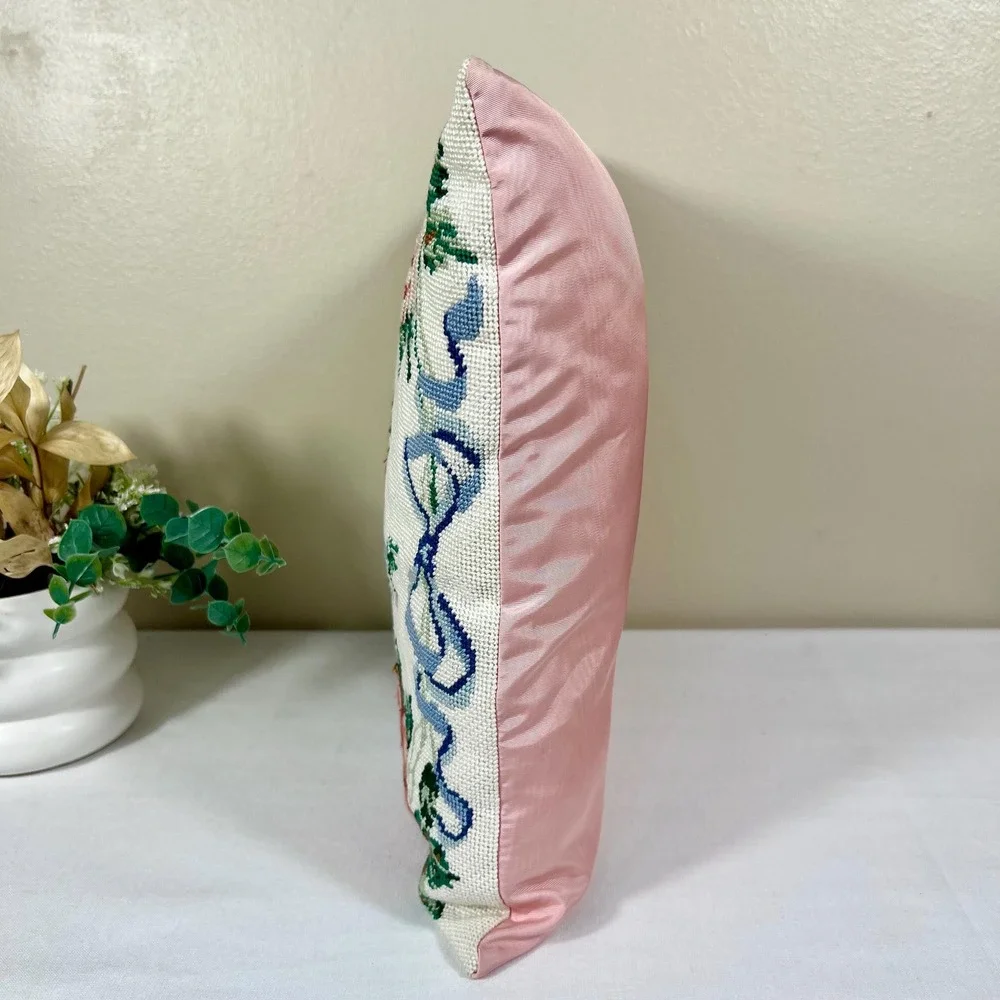 Vintage Handmade Floral and Bow Needlepoint Throw Pillow